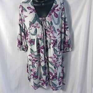 Simply Aster Floral Gray purple white Dress Large, stretchy comfy